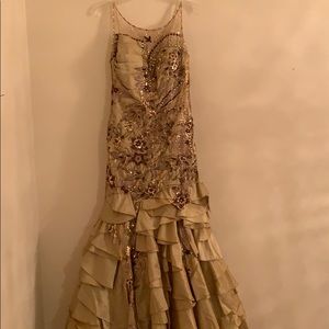 Ruffled and beaded gold and beige and brown dress,